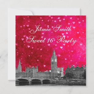 London UK Skyline Hot Pink Red Heart Sweet 16 Invitation