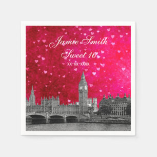 London UK Skyline Hot Pink Red Heart Sweet 16 Napkin