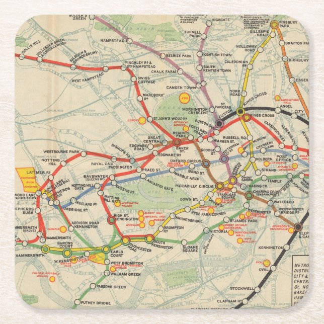 London Underground Railways Map Square Paper Coaster (Front)