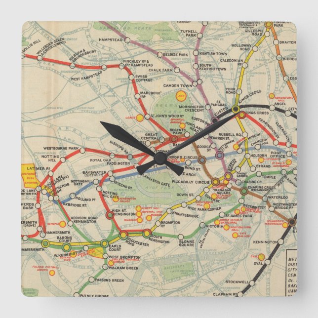 London Underground Railways Map Square Wall Clock (Front)