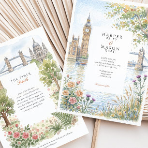 London Watercolor Big Ben Tower Bridge Wedding Invitation
