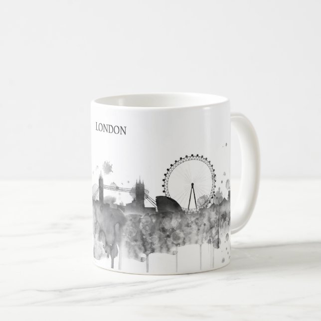 London Watercolor Black City Skyline Modern Coffee Mug (Front Right)