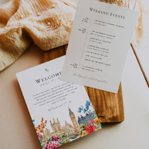 London Watercolor Floral Wedding Welcome Itinerary Menu