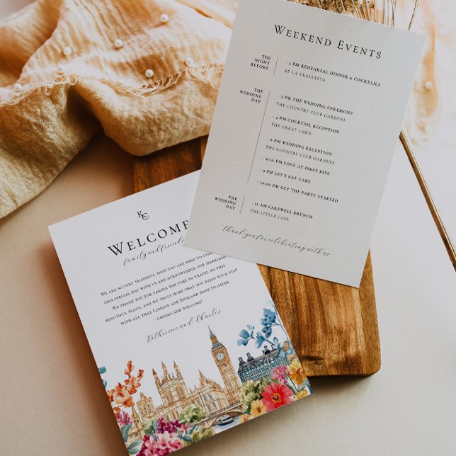 London Watercolor Floral Wedding Welcome Itinerary Menu (Creator Uploaded)