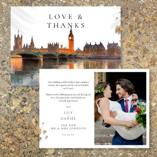 London Watercolor Wedding Photo Thank You Card