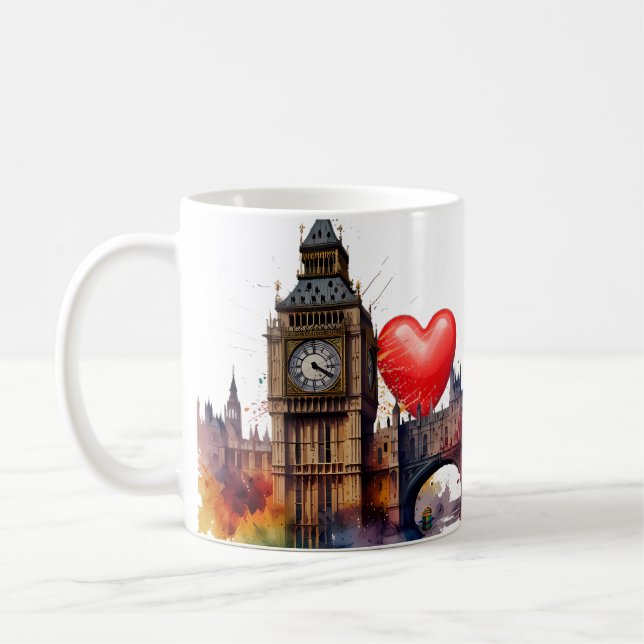 London Watercolour scene Red Hearts background. Coffee Mug (Left)