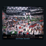 LONDON WATERLOO STATION CENTENARY 1947 POSTER<br><div class="desc">A Centenary of Uninterrupted Service During Peace and War, 1848 - 1948 by Helen McKie, 1947. Coloured lithograph depicting Waterloo station concourse during the Second World War full of people including passengers, policemen and personnel from the Royal Navy, Army and Royal Air Force. McKie also painted the same scene showing...</div>