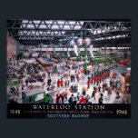 LONDON WATERLOO STATION CENTENARY 1947 POSTER<br><div class="desc">A Centenary of Uninterrupted Service During Peace and War, 1848 - 1948 by Helen McKie, 1947. Coloured lithograph depicting Waterloo station concourse during the Second World War full of people including passengers, policemen and personnel from the Royal Navy, Army and Royal Air Force. McKie also painted the same scene showing...</div>