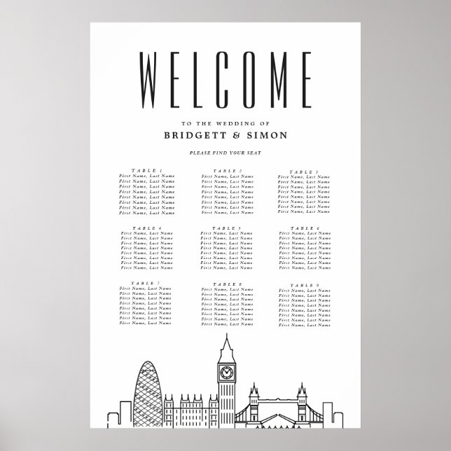 London Wedding | Landmarks 9 Table Seating Chart (Front)