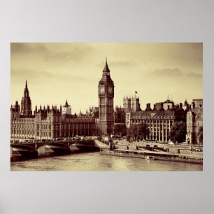London Westminster with Big Ben and bridge. old,lo Poster