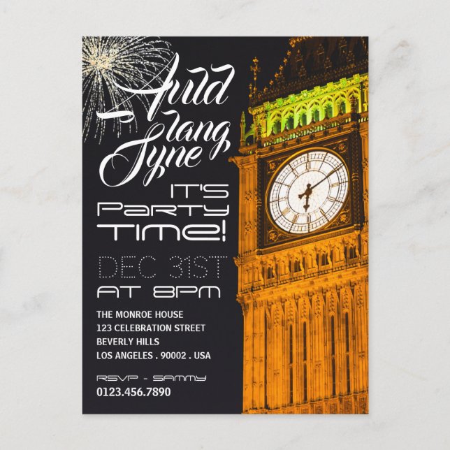 London's Big Ben, New Year's Eve Party Invitation Postcard (Front)