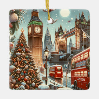 London's Festive Splendour - Vibrant Christmas Car Ceramic Ornament