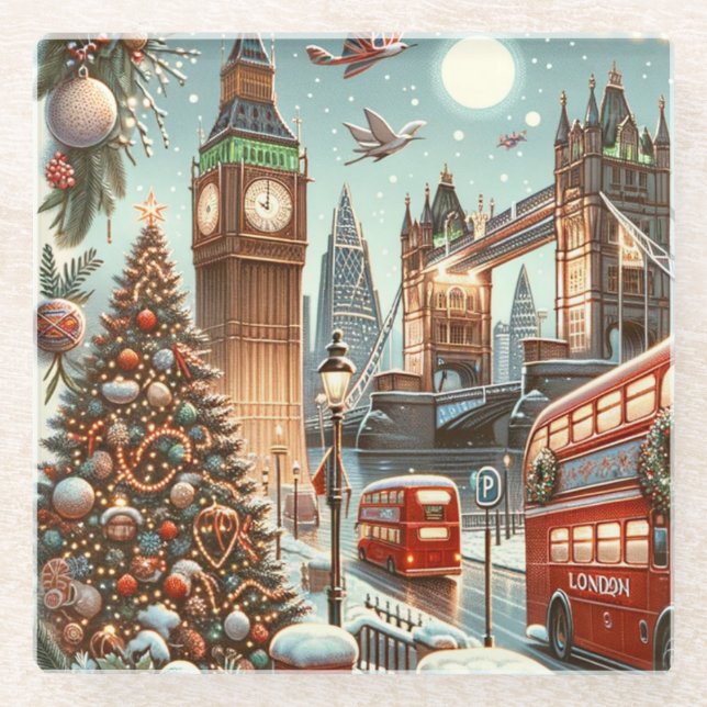 London's Festive Splendour - Vibrant Christmas Car Glass Coaster (Front)
