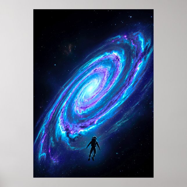 Lone Astronaut Glowing Cosmic Spiral Galaxy Poster (Front)