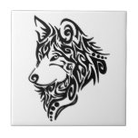 Lone Black Tribal Wolf Tile<br><div class="desc">Intricate pattern design of a wolf head</div>
