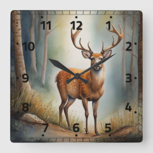 Lone Buck In Quiet Woods Wild Animal Square Wall Clock