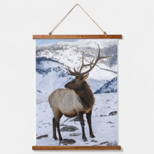 Lone Bull Elk in Snow Yellowstone National Park Hanging Tapestry