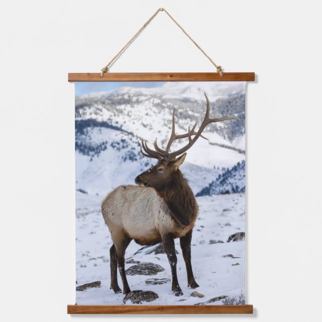 Lone Bull Elk in Snow | Yellowstone National Park Hanging Tapestry (Front)