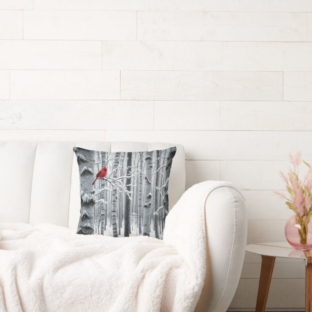 Lone Cardinal In a Birch Tree Forest Cushion (Couch)