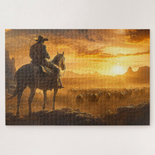 Lone Cowboy at Sunset Jigsaw Puzzle