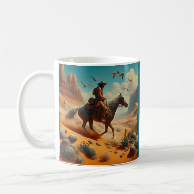 Lone Cowboy in Desert Canyon - Surreal Western Art Coffee Mug (Left)