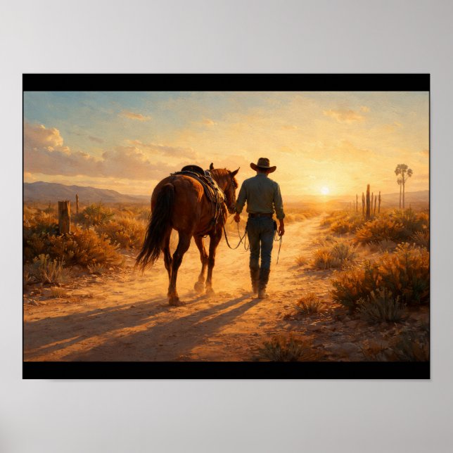 Lone cowboy walking beside horse poster (Front)