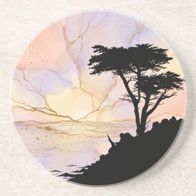 Lone Cypress Pebble Beach Dawn Alcohol Ink Coaster (Front)
