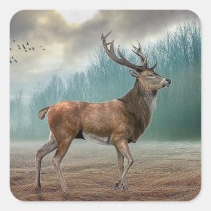 Lone Deer In Misty Forest Square Sticker