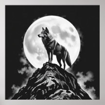 Lone Howl: Wolf and Full Moon Charcoal Art