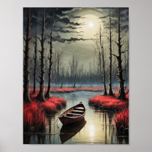 Lone little boat under moon light poster