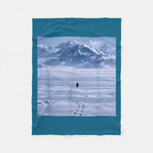 Lone Penguin Walking Toward Mountain Illustration Fleece Blanket
