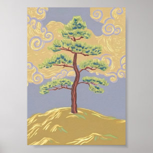 Lone Pine Tree on Foggy Hillside Art Poster