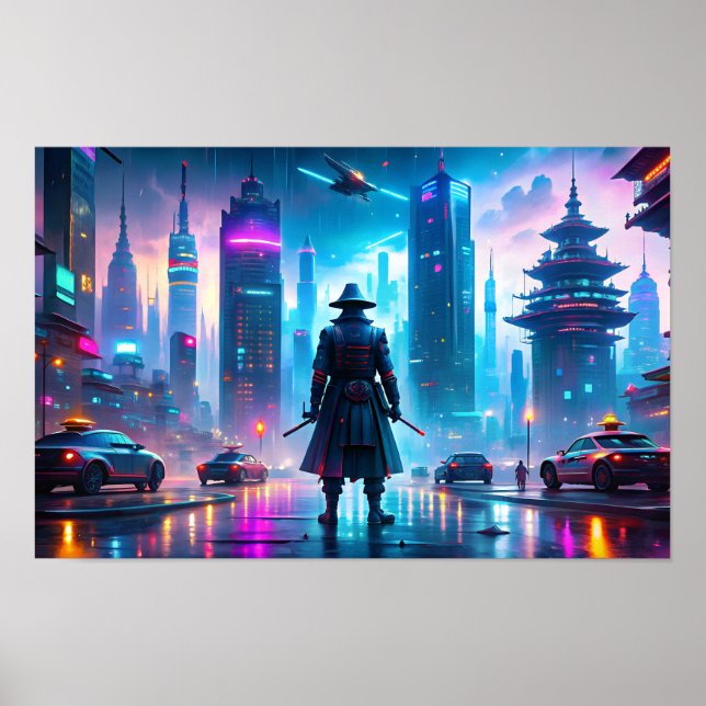 Lone samurai in futuristic city poster (Front)