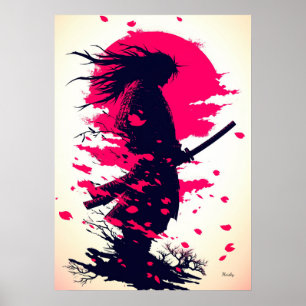 Lone Samurai Under the Sakura Moon Poster
