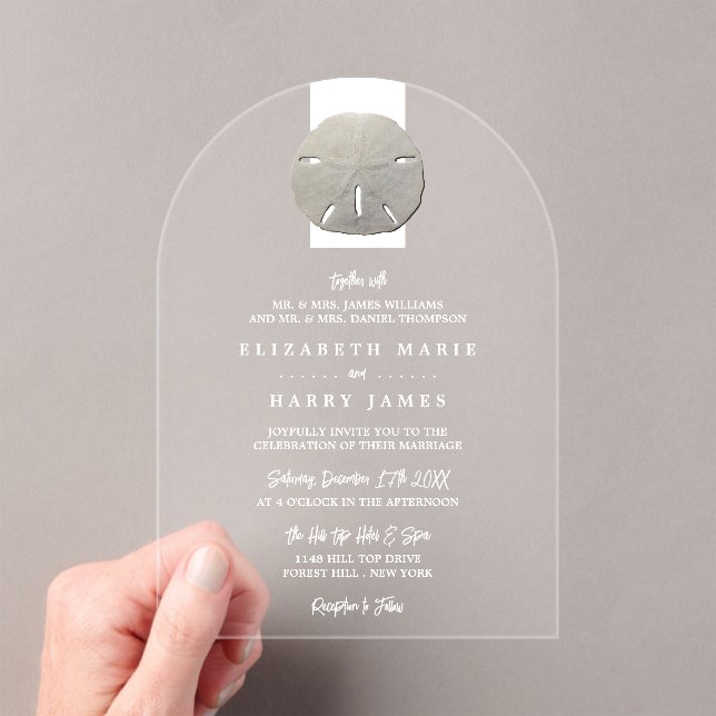 Lone Sand Dollar - Charcoal Gray - Beach Wedding Acrylic Invitations (Insitu (Handheld))