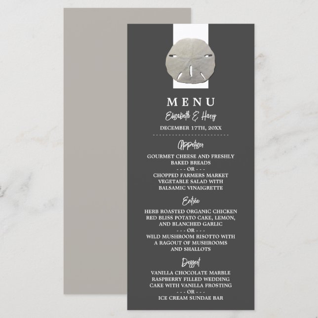 Lone Sand Dollar - Charcoal Grey - Beach Wedding Menu (Front/Back)