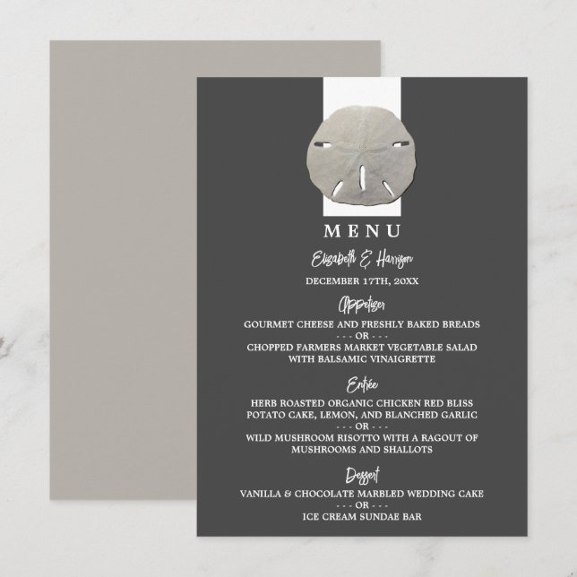 Lone Sand Dollar - Charcoal Grey - Beach Wedding Menu (Front/Back)