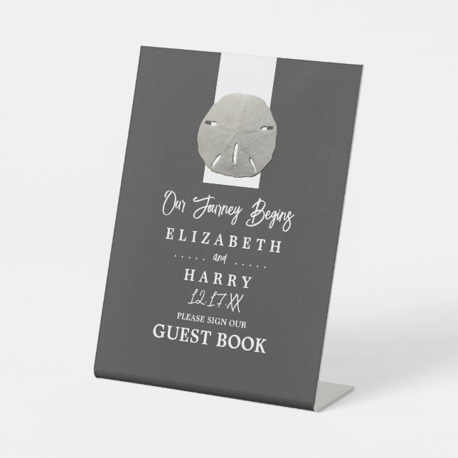 Lone Sand Dollar - Charcoal Grey - Beach Wedding Pedestal Sign (Front)