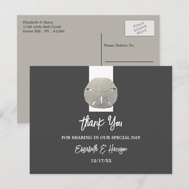 Lone Sand Dollar - Charcoal Grey - Beach Wedding Postcard (Front/Back)