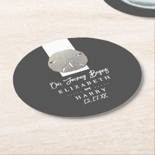 Lone Sand Dollar - Charcoal Grey - Beach Wedding Round Paper Coaster