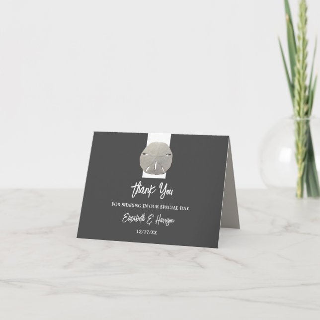 Lone Sand Dollar - Charcoal Grey - Beach Wedding Thank You Card (Front)