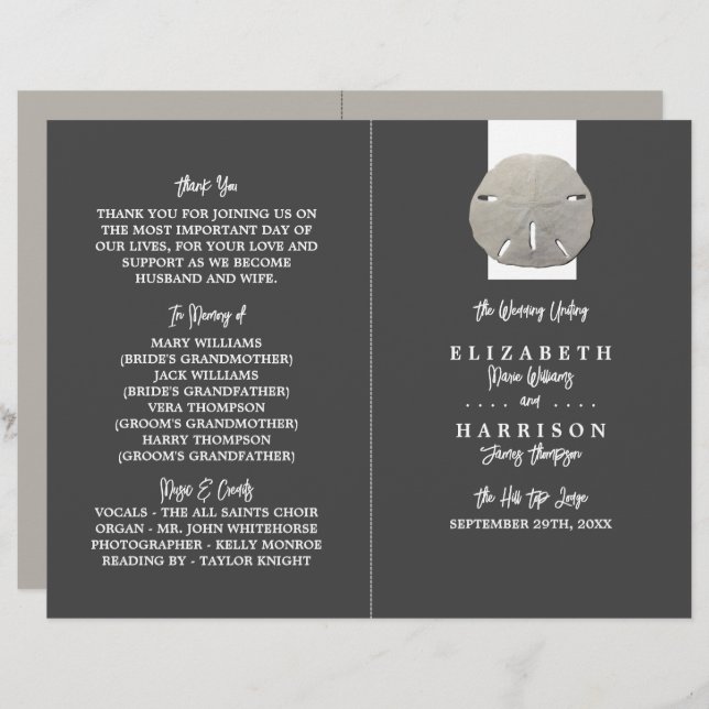 Lone Sand Dollar, Charcoal Grey, Wedding Programme (Front/Back)