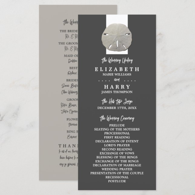 Lone Sand Dollar, Charcoal Grey, Wedding Programme (Front/Back)
