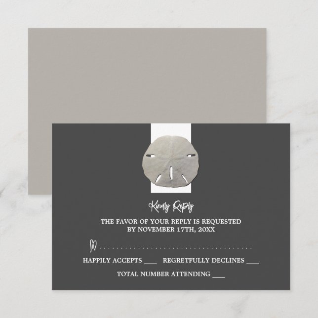 Lone Sand Dollar - Charcoal Grey - Wedding RSVP Card (Front/Back)