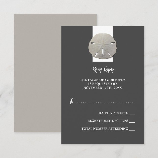 Lone Sand Dollar - Charcoal Grey - Wedding RSVP Card (Front/Back)