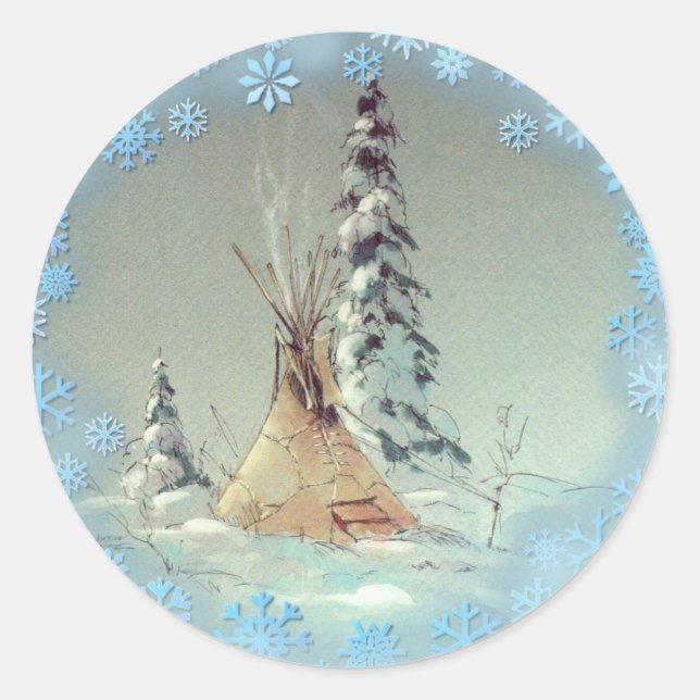 LONE TIPI & SNOWFLAKES by SHARON SHARPE Classic Round Sticker (Front)