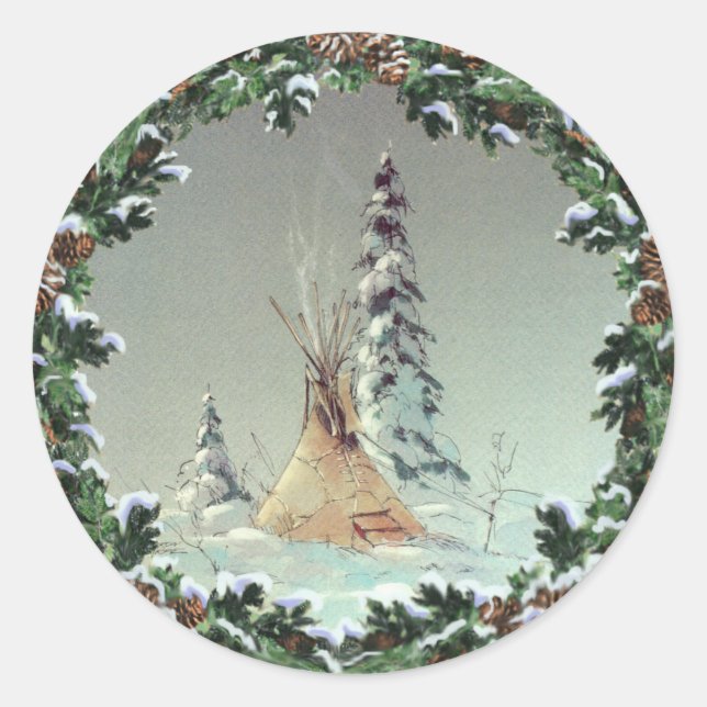 LONE TIPI & WREATH by SHARON SHARPE Classic Round Sticker (Front)