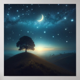 Lone Tree Beneath Starry Night Poster