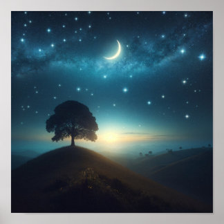 Lone Tree Beneath Starry Night Poster