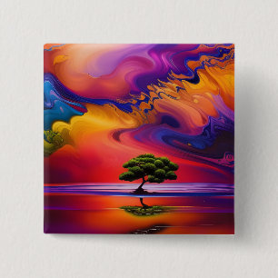 Lone Tree in Water colourful sky 15 Cm Square Badge